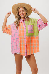 BiBi Women's Plaid Collared Half Sleeve Cotton Shirt - Classic Style